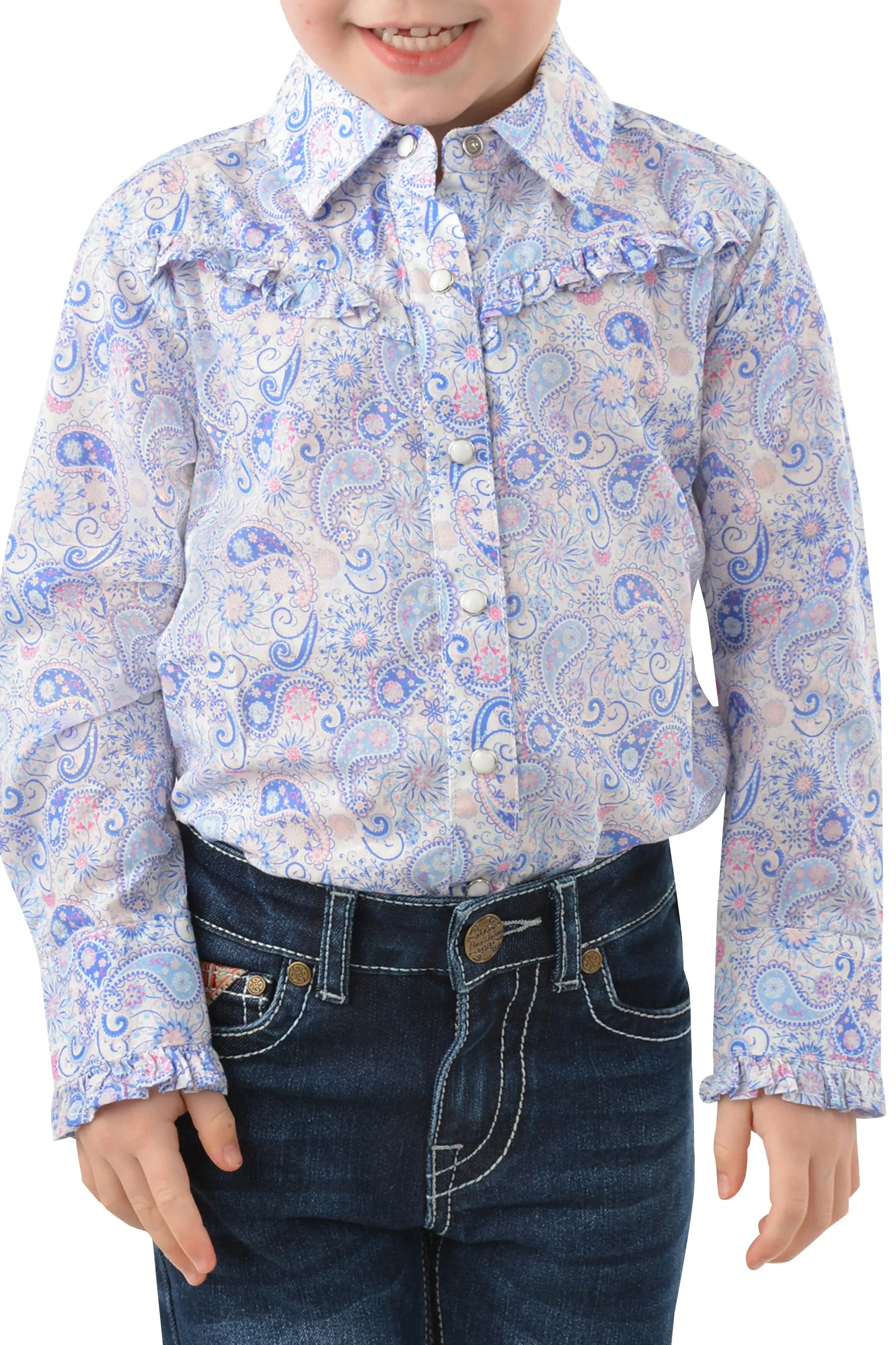 Pure Western Girls Willow Print Frill L/S Shirt - White/Multi - P3W5103712