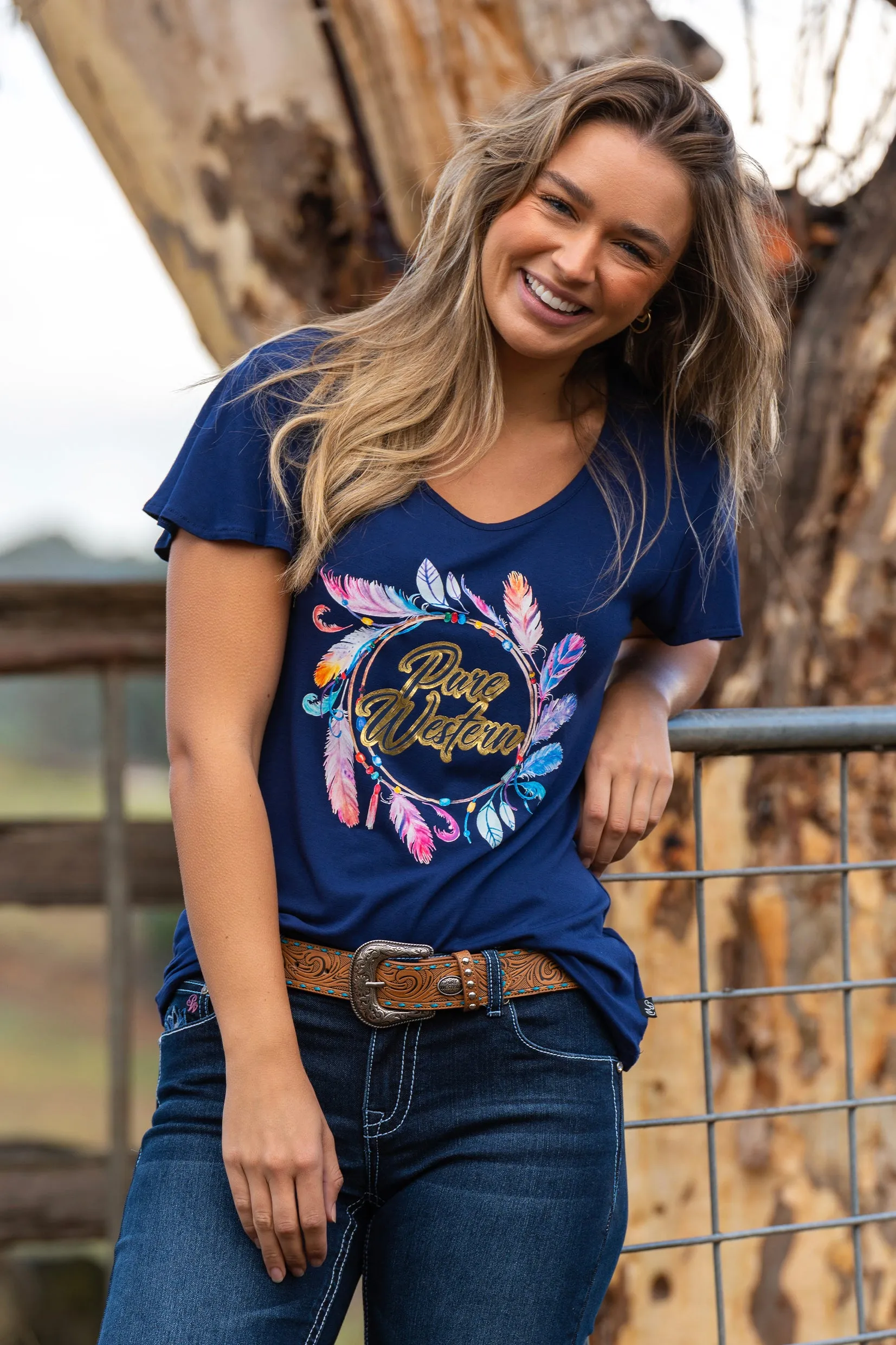 Pure Western Ladies Dylan S/S Tee - Navy - P3S2577687