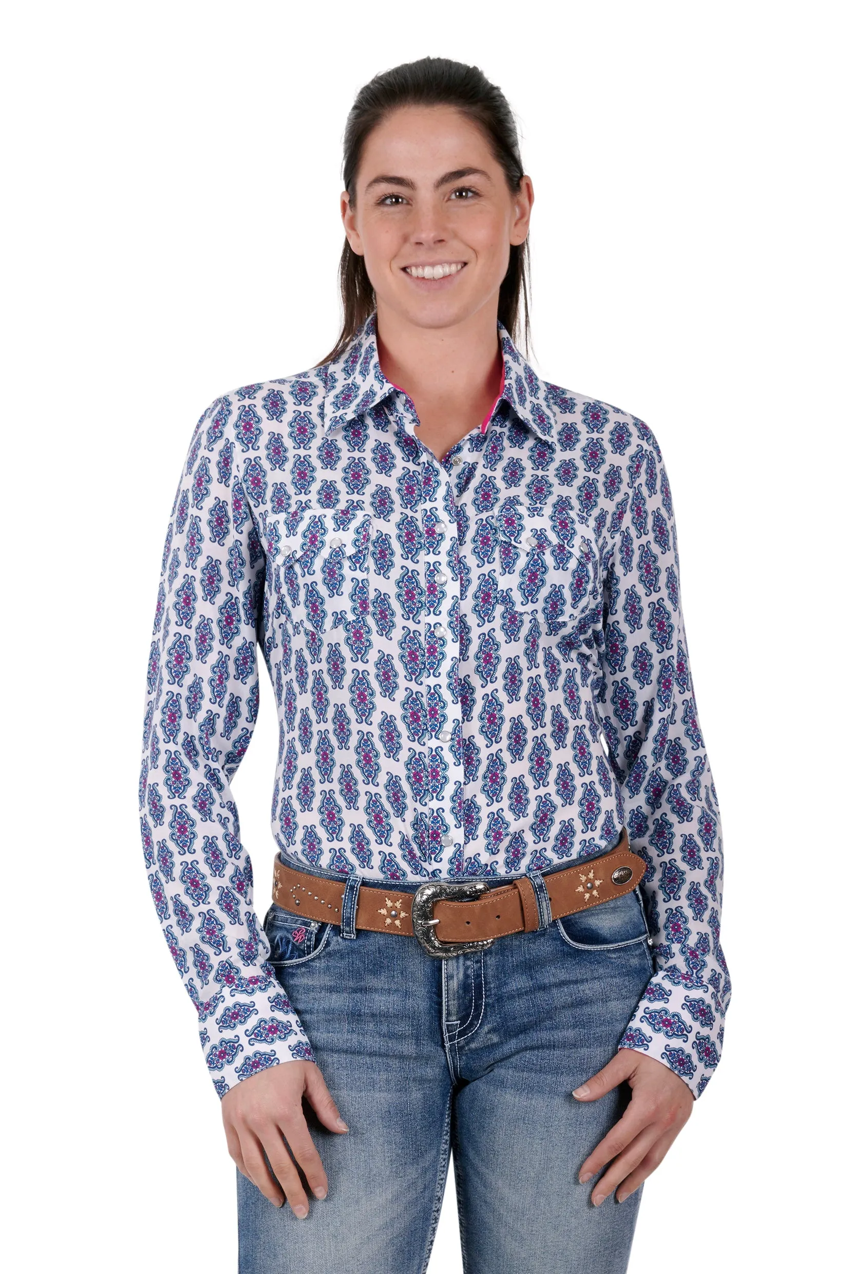 Pure Western Ladies Mabel L/S Shirt - White/Pink - P3S2570784