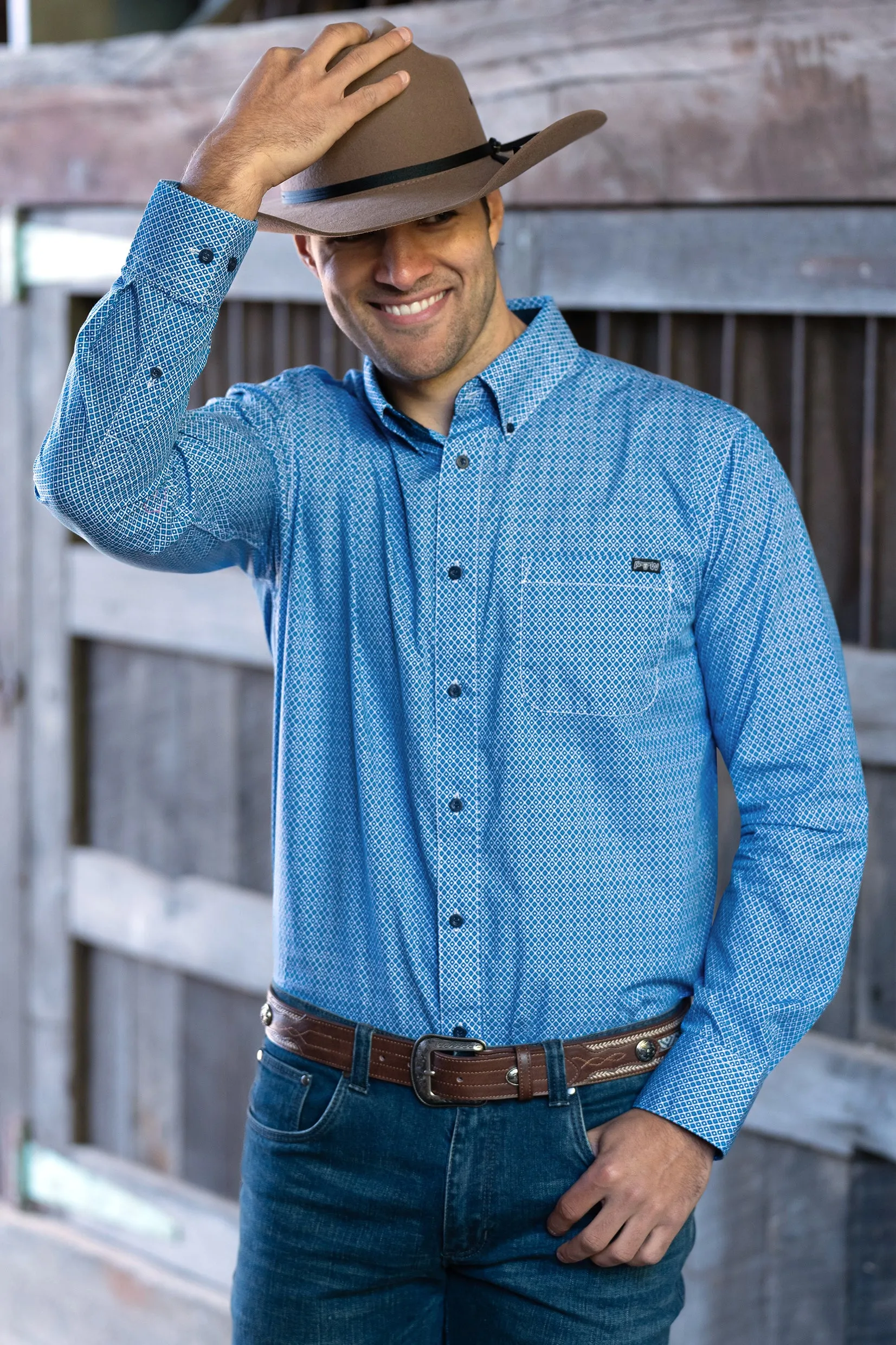 Pure Western Mens Hewitt Print Button Down L/S Shirt - Blue/Teal - P4W1100825