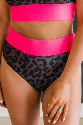 Ray Of Sunshine Swim Bottoms - Charcoal Leopard & Neon Pink