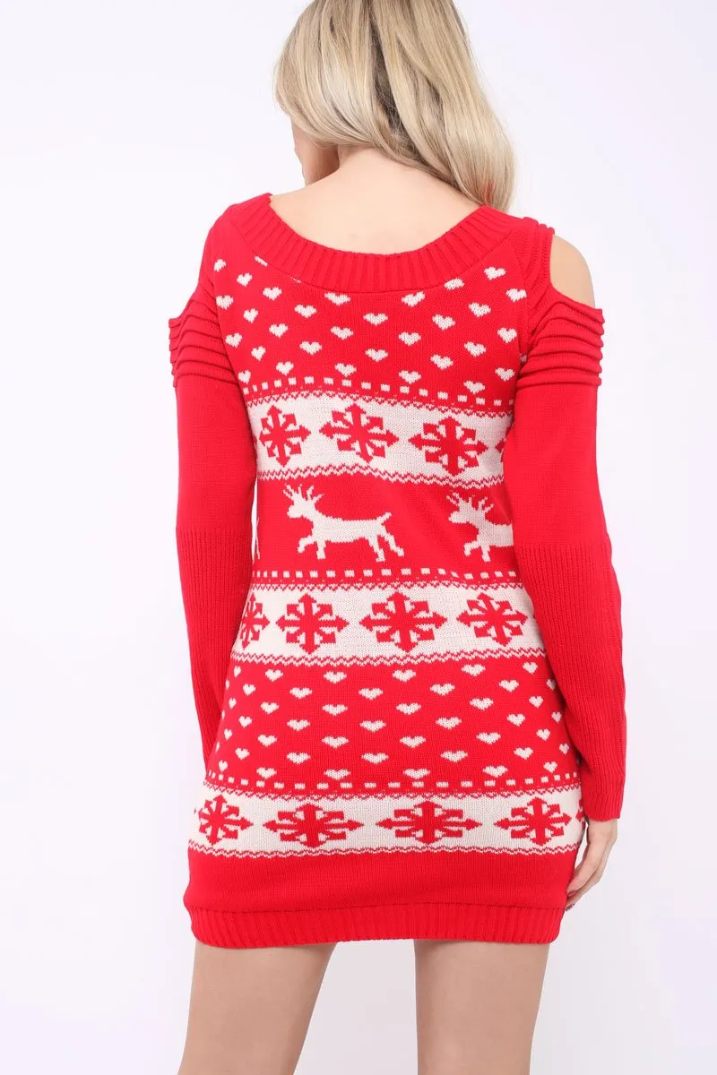 Red Christmas Print Jumper Dress - Kleo