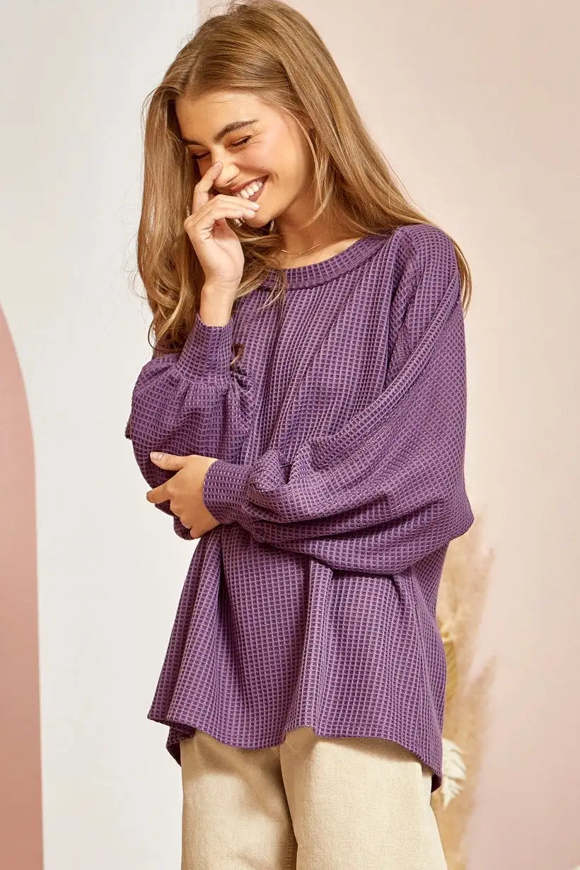 Too Much Fun Waffle Knit Top - Purple