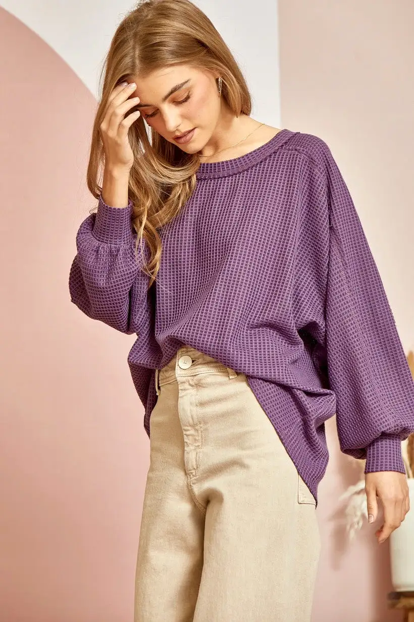 Too Much Fun Waffle Knit Top - Purple