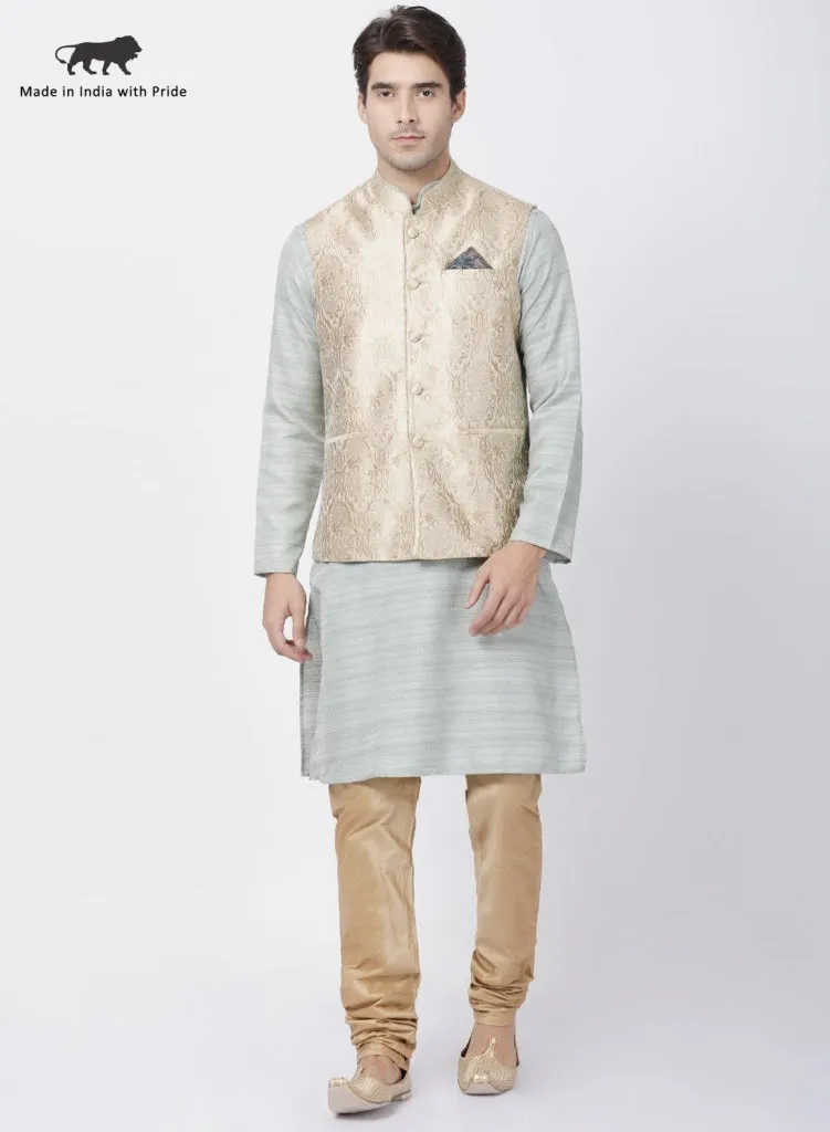 VASTRAMAY Men's Light Grey Cotton Silk Blend Kurta, Ethnic Jacket and Pyjama Set