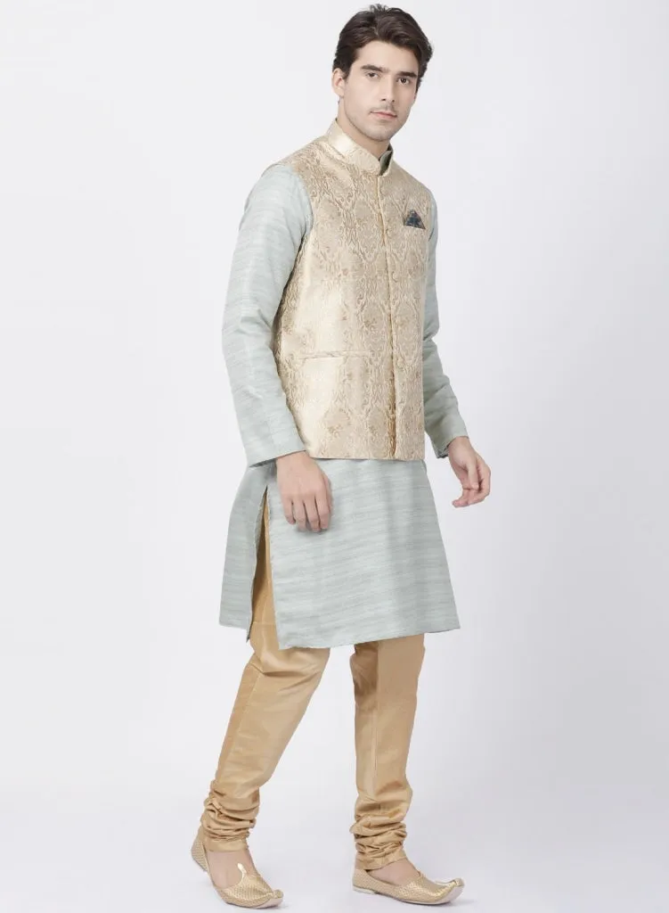 VASTRAMAY Men's Light Grey Cotton Silk Blend Kurta, Ethnic Jacket and Pyjama Set