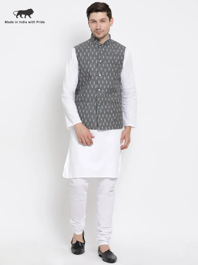 VASTRAMAY Men's White Cotton Kurta, Grey Nehru Jacket and Churidar Set