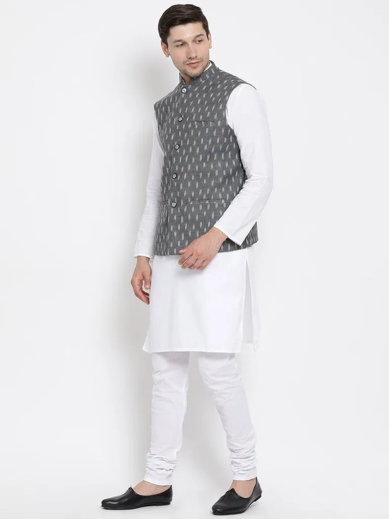 VASTRAMAY Men's White Cotton Kurta, Grey Nehru Jacket and Churidar Set