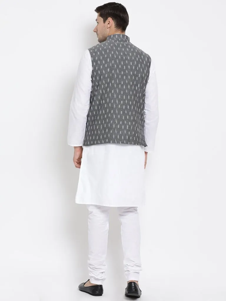 VASTRAMAY Men's White Cotton Kurta, Grey Nehru Jacket and Churidar Set