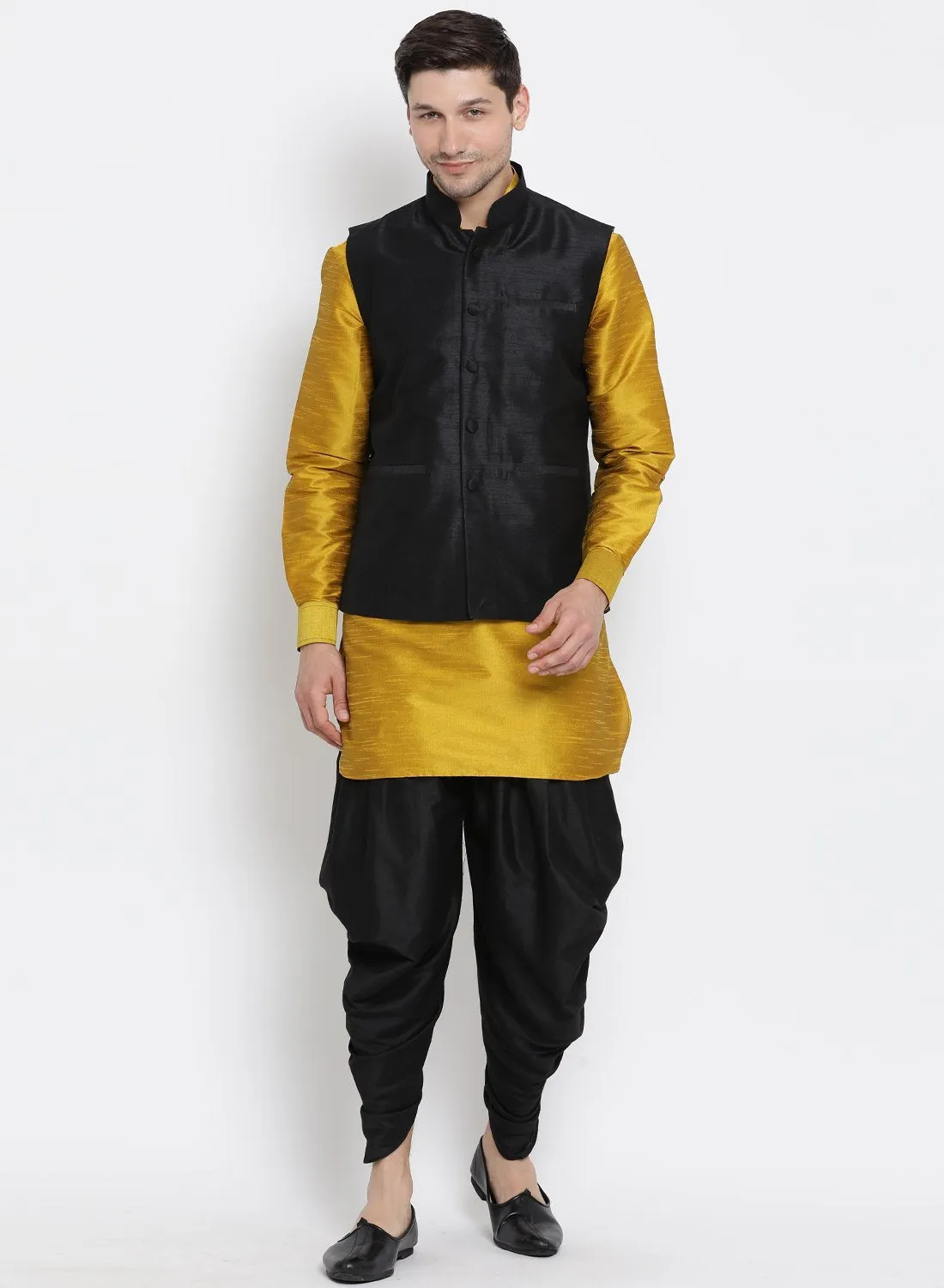 VASTRAMAY Men's Yellow Cotton Silk Blend Ethnic Jacket, Kurta and Dhoti Pant Set