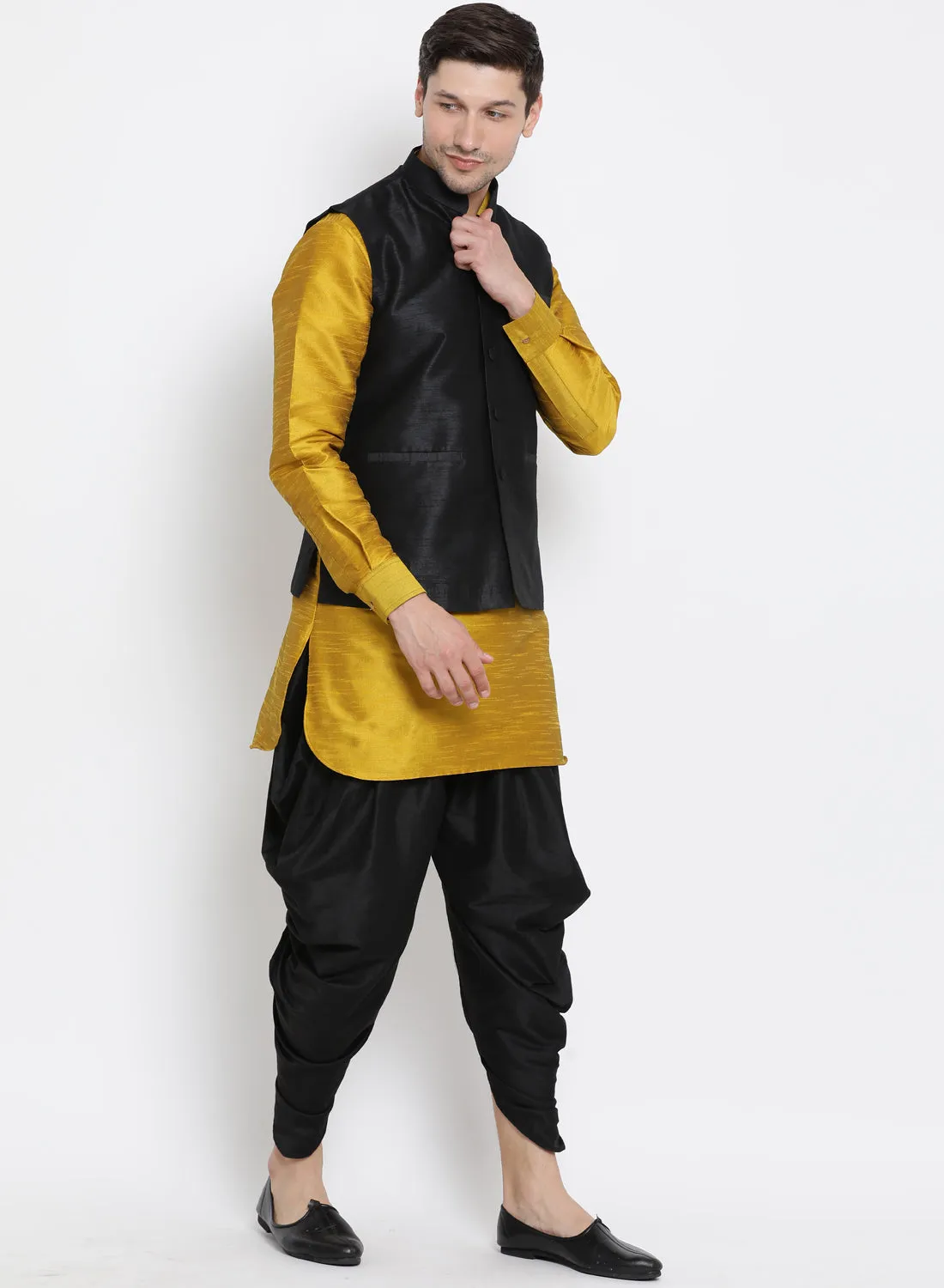 VASTRAMAY Men's Yellow Cotton Silk Blend Ethnic Jacket, Kurta and Dhoti Pant Set