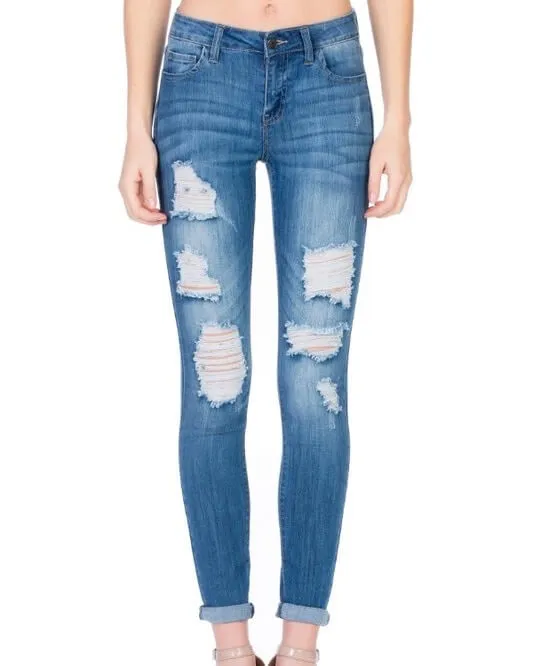 Victoria Destroyed Mid Rise Rolled Skinny in Medium Wash