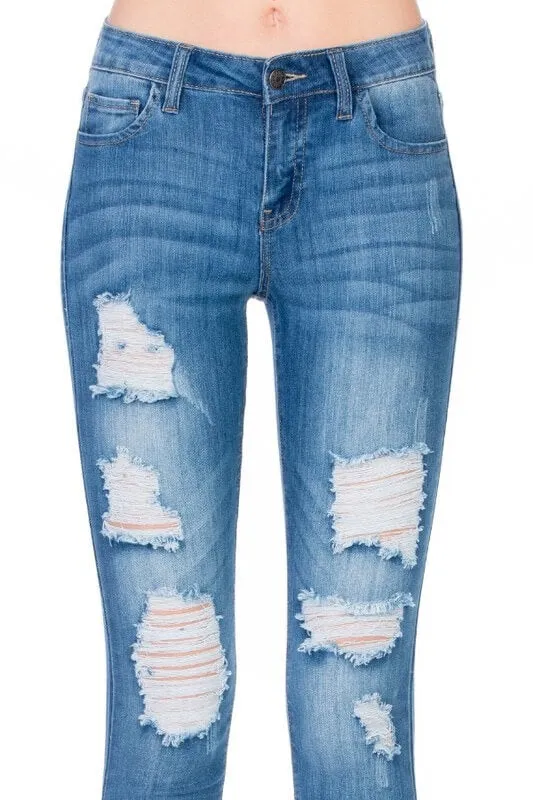 Victoria Destroyed Mid Rise Rolled Skinny in Medium Wash