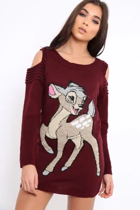 Wine Festive Deer Cold Shouldered Jumper Dress - Catarina