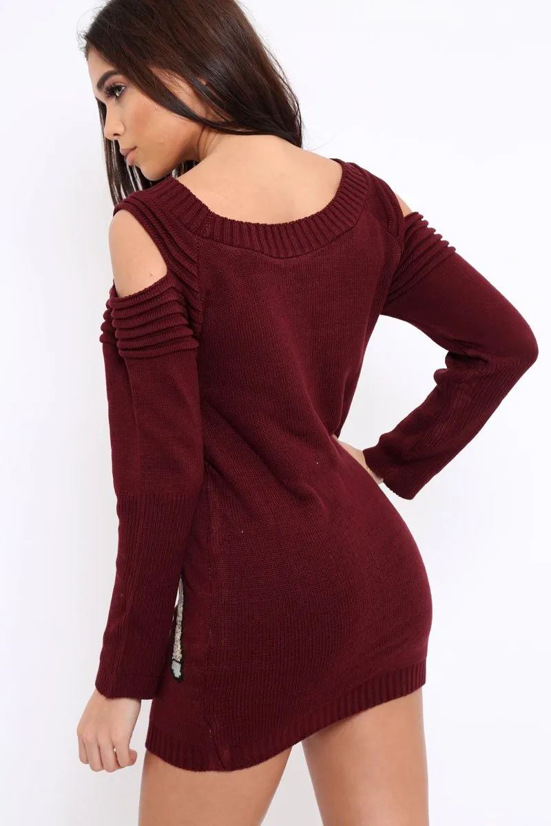 Wine Festive Deer Cold Shouldered Jumper Dress - Catarina