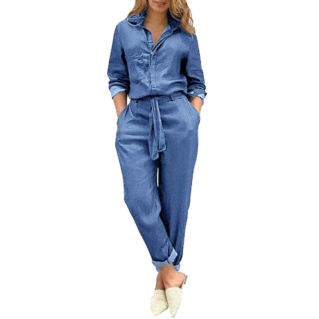 Women Long Jumpsuit Spring Autumn Denim Playsuits Ladies Pantalon Loose Long Sleeve Lapel Button Up Office Overalls