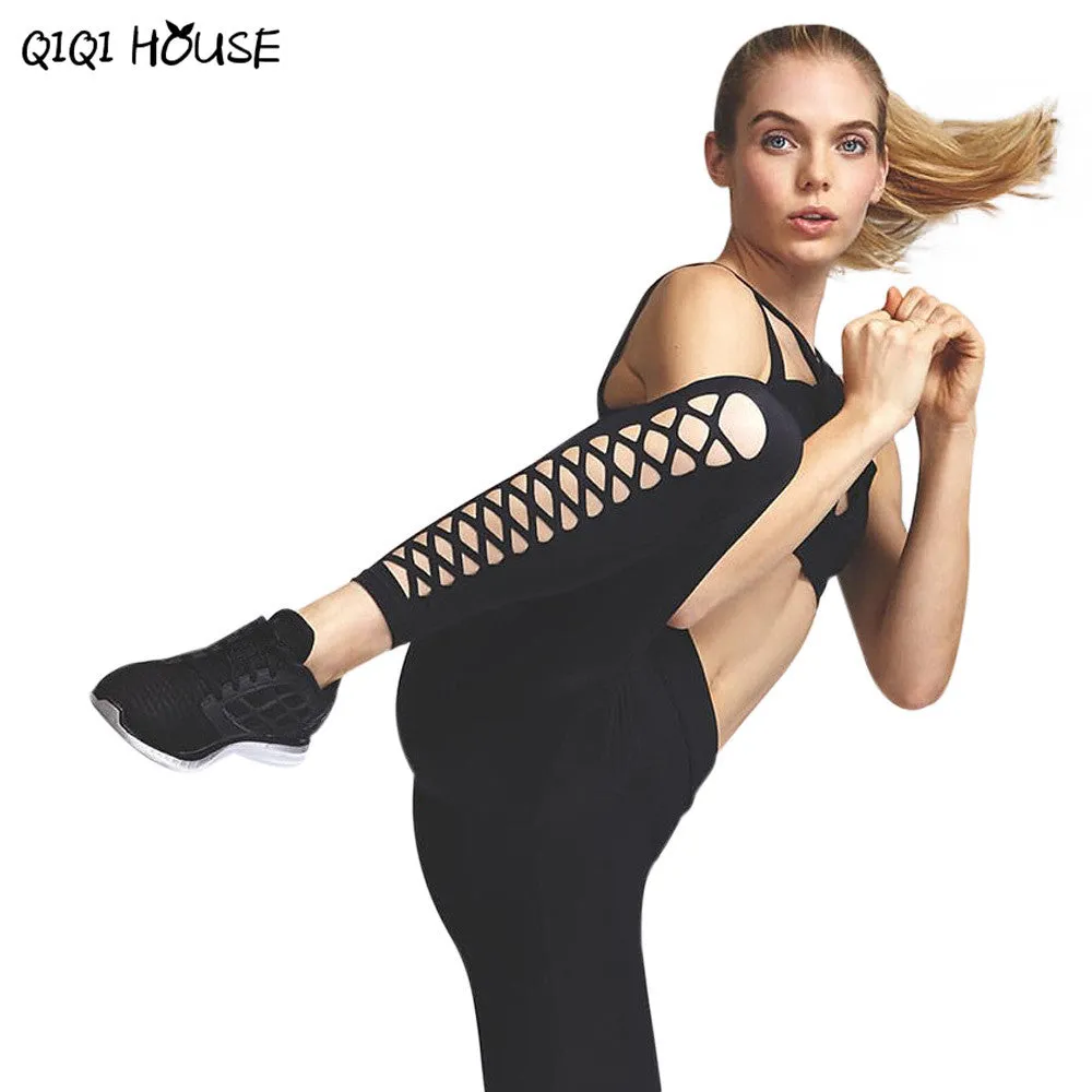 Women Sweatpants Cross Bnadage Hollow Out Leggings Cropped Fitness Pants Calzas Deportivas Mujer#A909 SM6