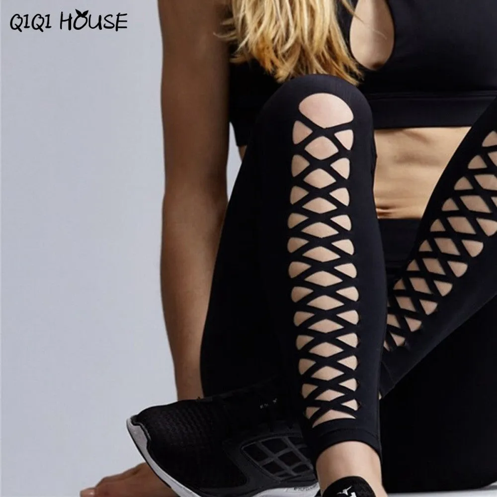 Women Sweatpants Cross Bnadage Hollow Out Leggings Cropped Fitness Pants Calzas Deportivas Mujer#A909 SM6