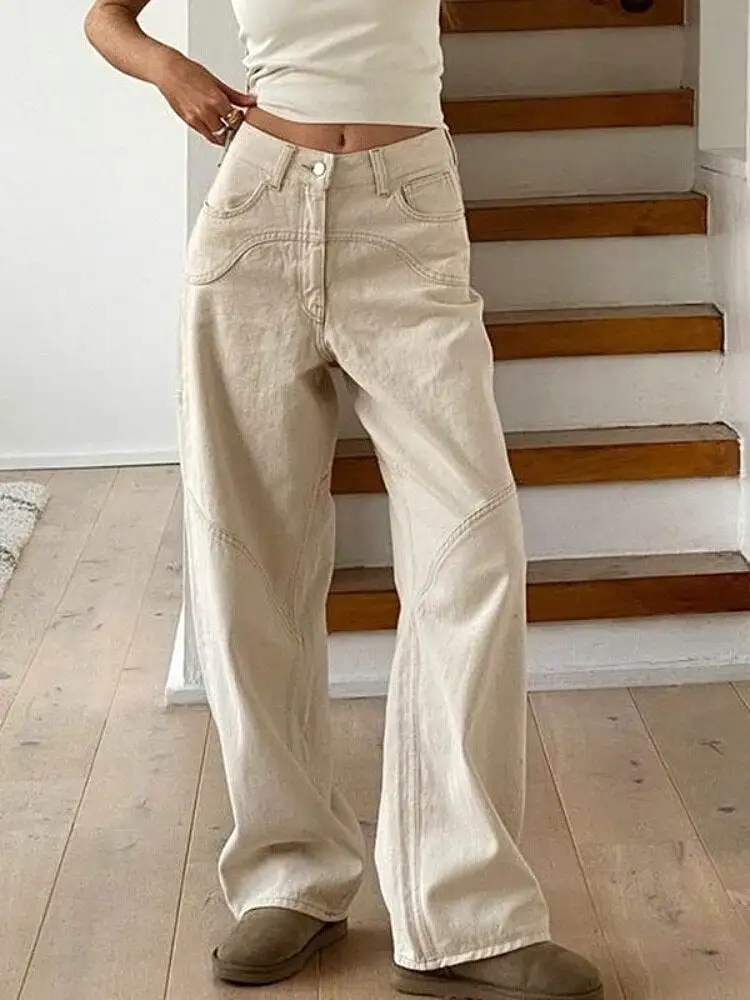 Womens Beige Jeans Baggy Casual Denim Trousers Vintage High Waist Wide Leg Pants