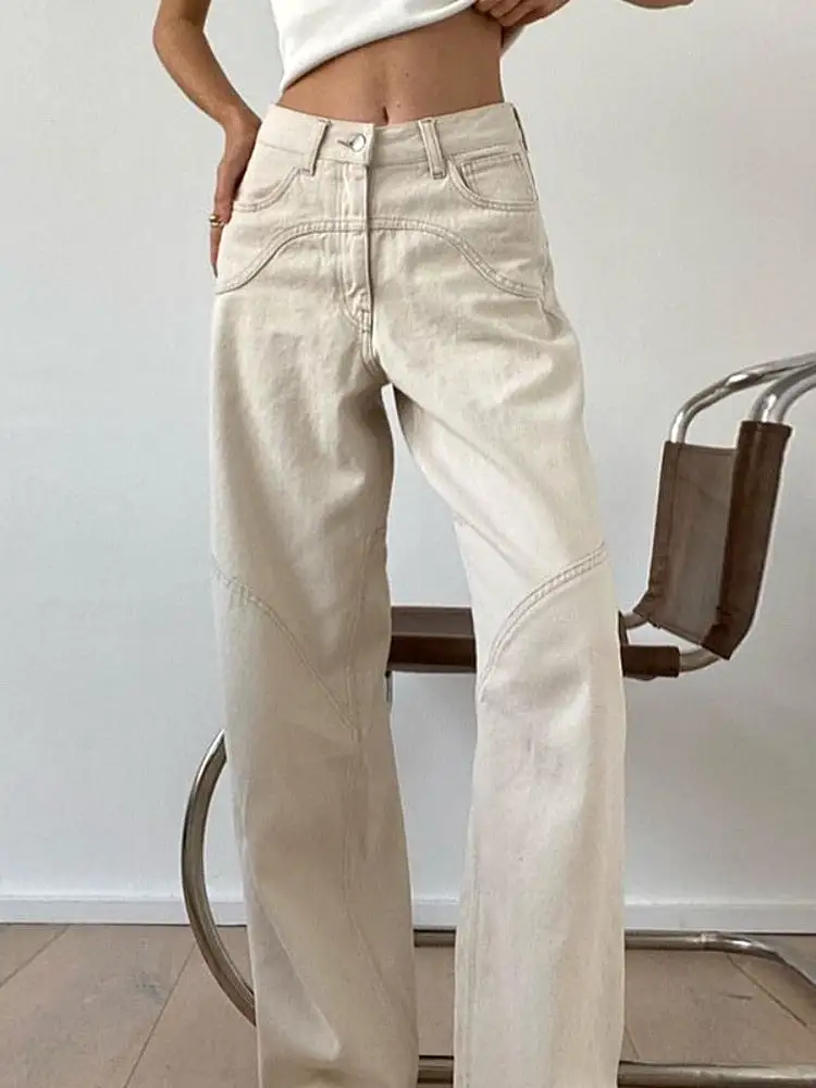 Womens Beige Jeans Baggy Casual Denim Trousers Vintage High Waist Wide Leg Pants