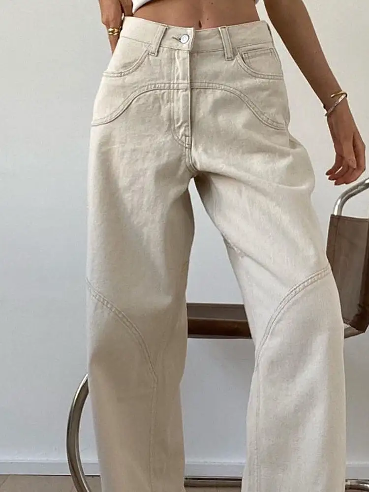 Womens Beige Jeans Baggy Casual Denim Trousers Vintage High Waist Wide Leg Pants